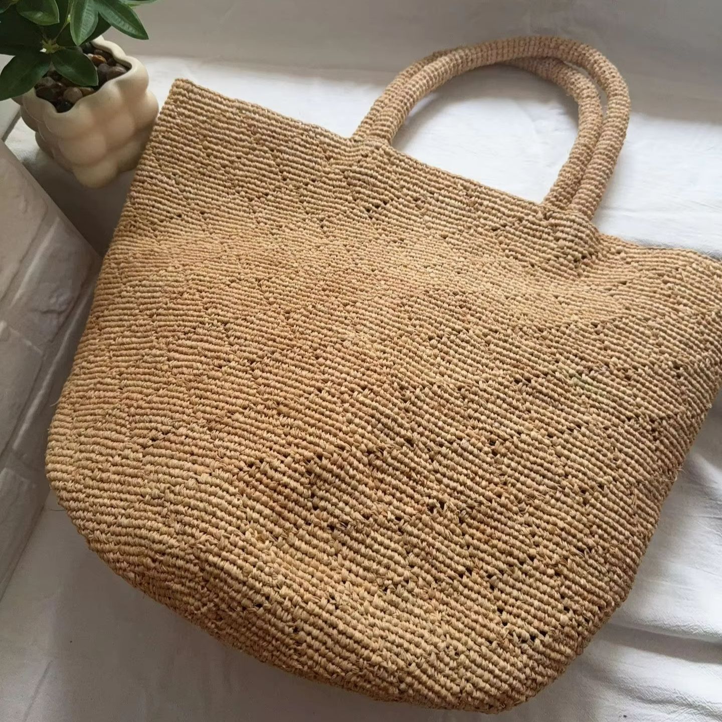 Women'S Raffia Bags - Borsa da Spiaggia in Paglia Intrecciata