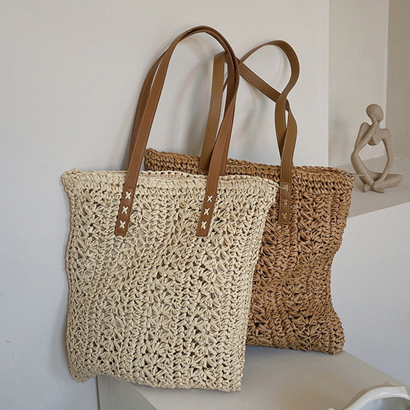 Women'S Raffia Bags - Borsa da spiaggia quadrata in paglia